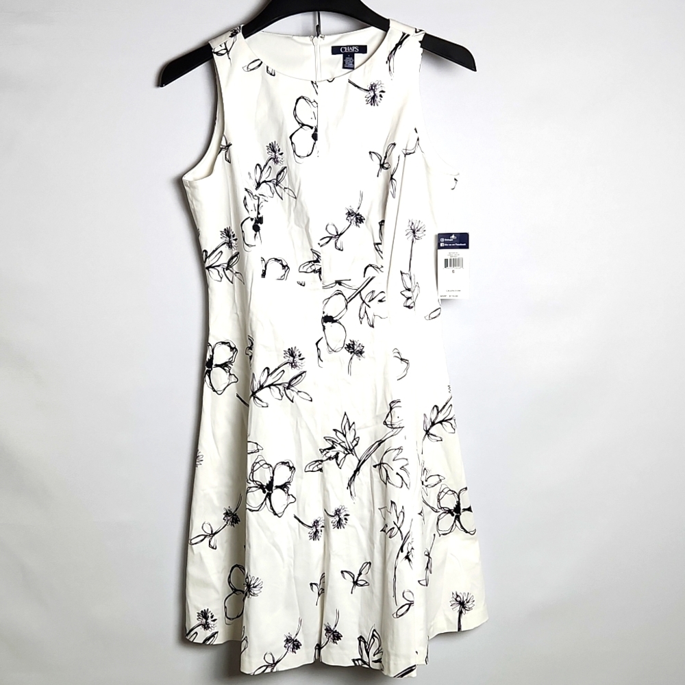 CHAPS Black and White Sleeveless Fit and Flare Floral Dress Size 6 NWT